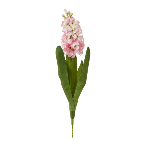 A single artificial pink hyacinth stem with green leaves on a white background.