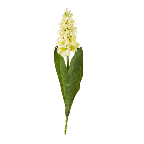 A single artificial yellow hyacinth stem with green leaves on a white background.
