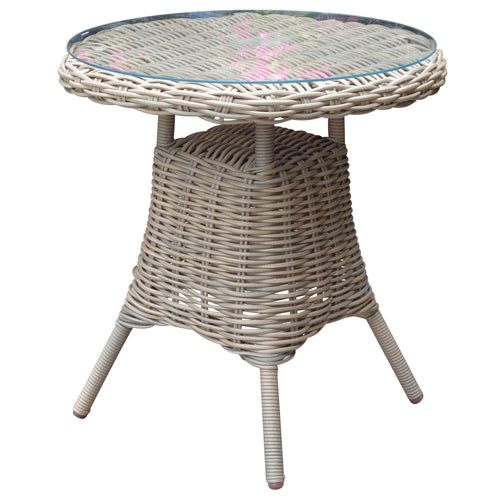 A round outdoor bistro table with a glass top and a wicker base.
