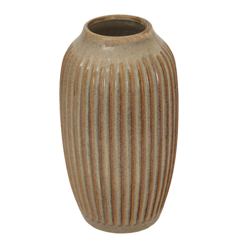 A beige and brown ribbed ceramic vase from the Sabbia Collection.
