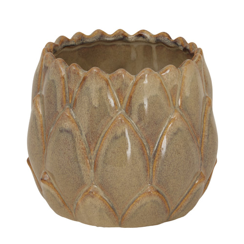 A beige ceramic plant pot with an artichoke-inspired textured surface.