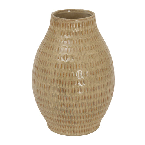 A beige, small textured ceramic vase from the Sabbia Collection with a sculptural silhouette.