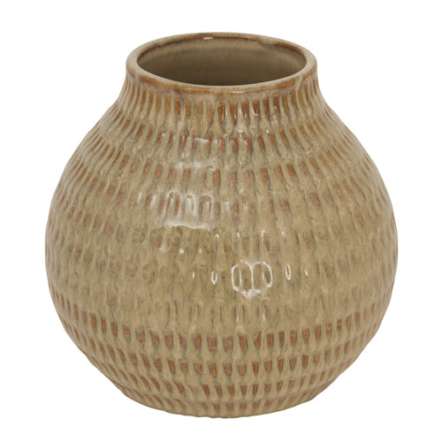 A beige medium textured ceramic vase from the Sabbia Collection with a round shape and subtle pattern.