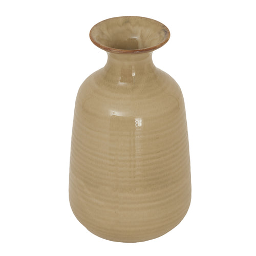A beige ceramic vase with a ridged texture and a flared top, part of the Sabbia Collection.