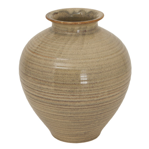 A beige and brown ceramic bowl vase with a textured finish.