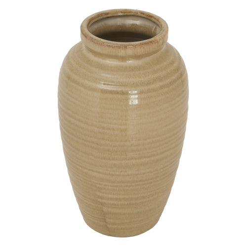 A beige ceramic amphora-style vase with a brindled surface texture.