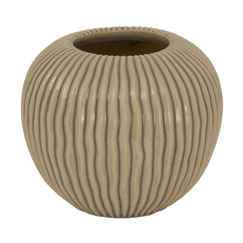 A beige, small striped vase from the Pallida Collection with a round shape and vertical ridges.
