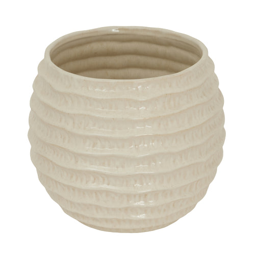 A beige ceramic ridged pot vase with vertical grooves on its surface.