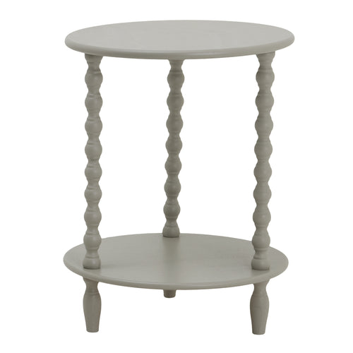 A round gray accent table with a cylindrical pedestal base.