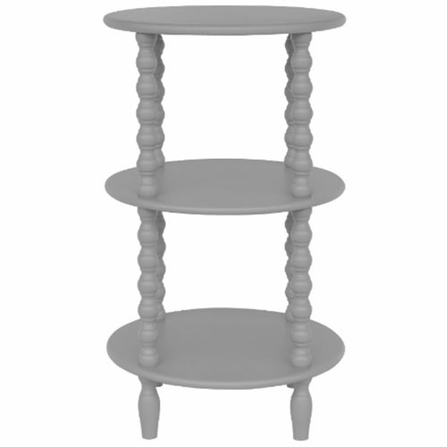 A tall round gray side table with three shelves, part of the Camden Collection.