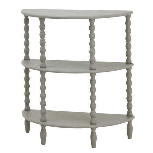 A gray half moon 3 tier table with spiral legs and shelves.