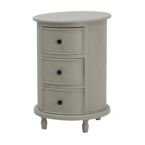 A beige round side table with three drawers from the Camden Collection, displayed against a white background.