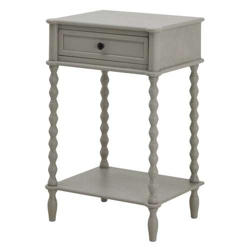 A gray side table with a single drawer and turned legs, part of the Camden Collection.