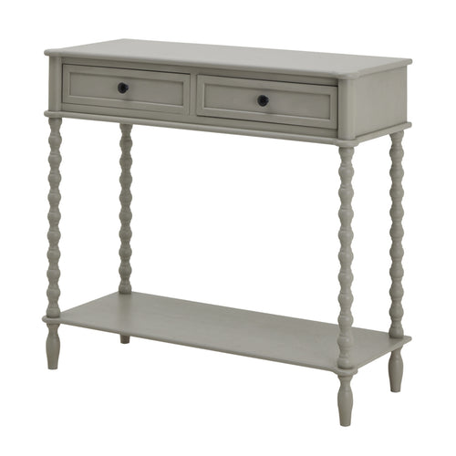 A gray two-drawer console table with spindle legs and a lower shelf.