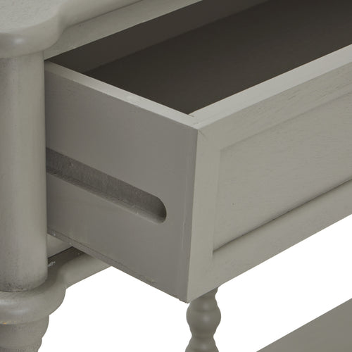 Drawer open picture of a gray console table with two drawers and a lower shelf, featuring a sleek design with spindle legs.