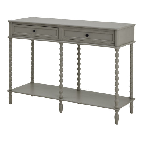 A gray console table with two drawers and a lower shelf, featuring a sleek design with spindle legs.