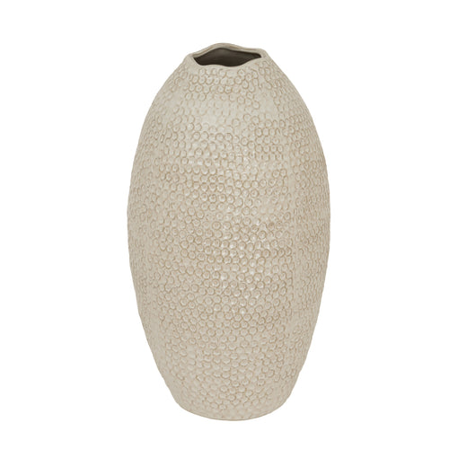 A beige ceramic vase with an oval shape and a textured surface.