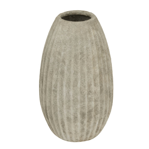 A beige, ribbed, ceramic vase with an oval shape.