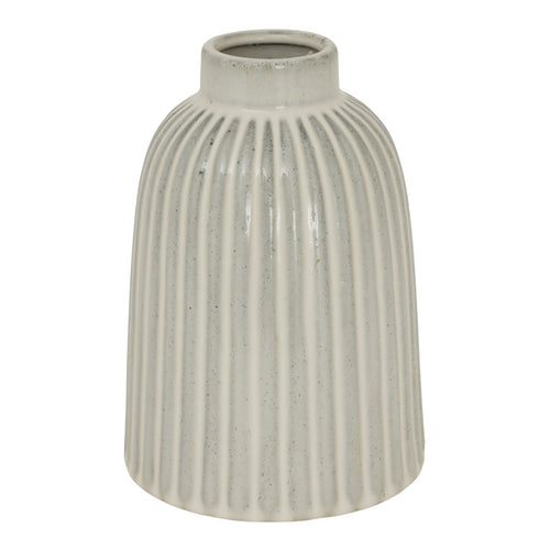 A beige bell-shaped ceramic vase with vertical ridges, narrower at the top and wider at the bottom.