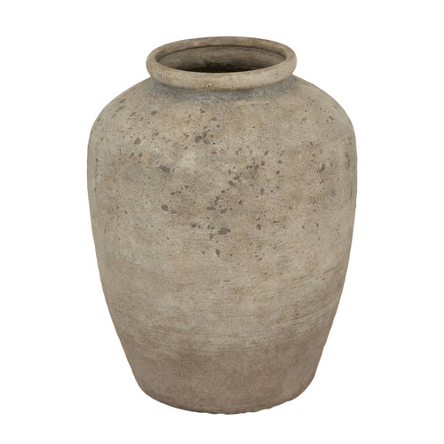 A medium-sized beige mottled ceramic vase with an oval shape and a rough texture finish.