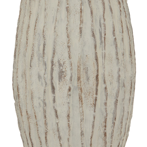 A close up of a beige ceramic vase with a geometric pattern and a ribbed texture, standing on a flat surface.