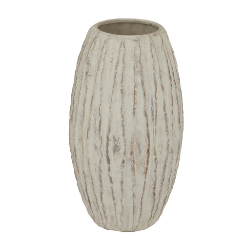 A beige ceramic vase with a geometric pattern and a ribbed texture, standing on a flat surface.