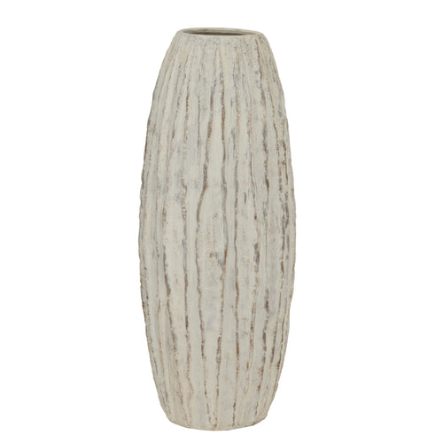A tall, beige, textured vase with a sculptural silhouette, part of the Lorenzo collection.