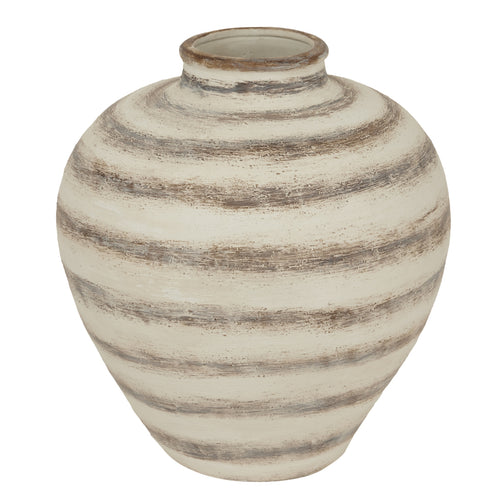 A large, ceramic amfora vase with a striped pattern in beige and brown tones.