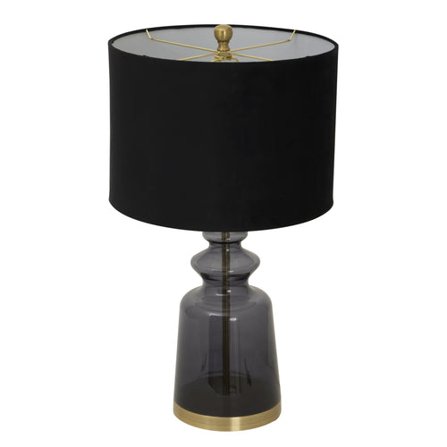 A Luxton glass urn lamp with a black velvet shade and gold accents on the finial and base.