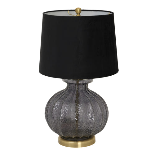 A Luxton glass fluted lamp with a black velvet shade and a gold base, part of the Luxton collection.