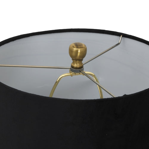 Close-up of a lamp with a black shade and gold fixture on a white background