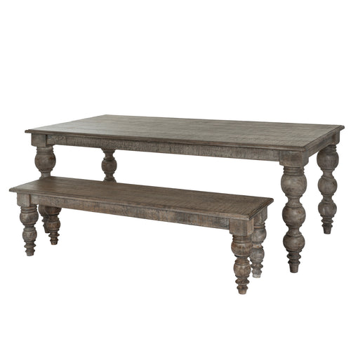 Wooden table and bench set with turned legs on a white background