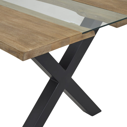 Table with wooden top and black metal legs on a white background
