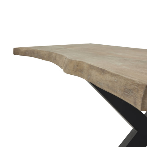Wooden table with black metal legs on a white background