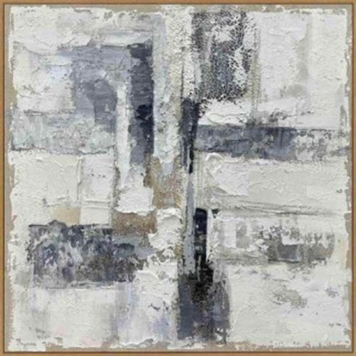 A hand painted abstract canvas in shades of gray, white, and black, framed in a simple wooden frame.