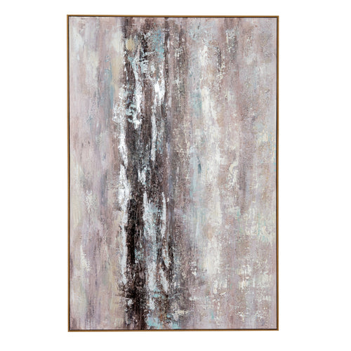 Abstract art painting with horizontal brushstrokes in brown, beige, and white on a white background.