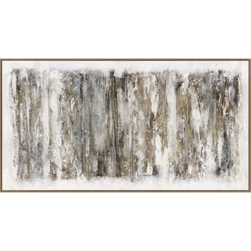 Hand-painted abstract canvas artwork in muted tones, with a frame