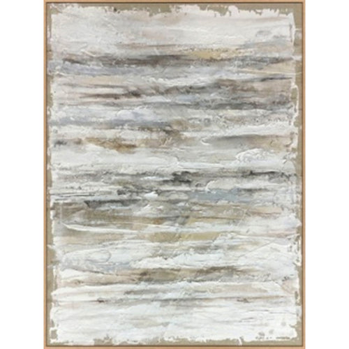 A hand painted abstract canvas in neutral colors, framed in a light wood frame.