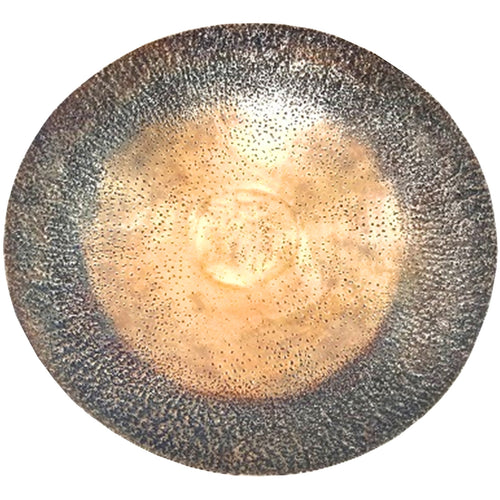 Round metallic object with textured surface on a white background