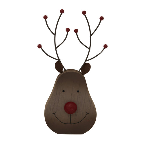 Wooden reindeer decoration with red nose and antlers on a white background