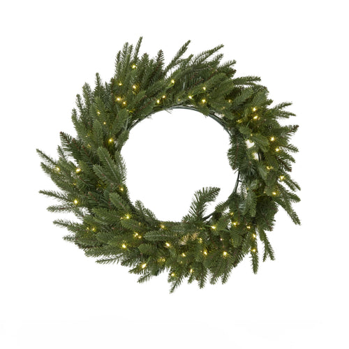 Green Christmas wreath with lights on a white background