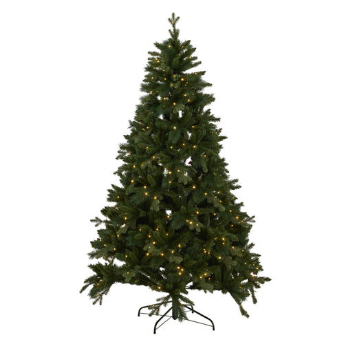 Pre-lit Christmas tree with green needles and white lights on a white background