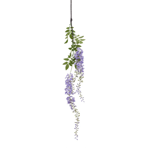Artificial hanging wisteria plant with purple flowers on a white background