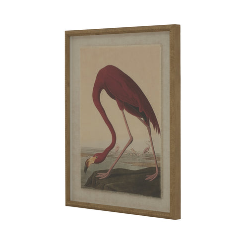 A framed artwork depicting a pink flamingo in a beaded frame, with a natural linen background.