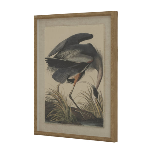 A framed and beaded artwork depicting a heron on natural linen background.