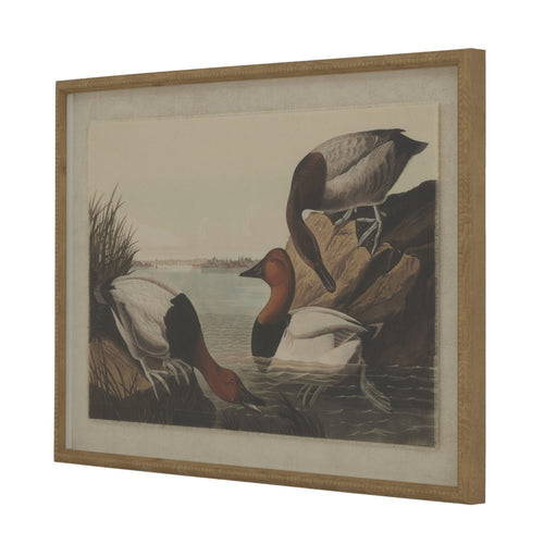 A framed artwork depicting ducks by a water edge, with detailed beaded frame.