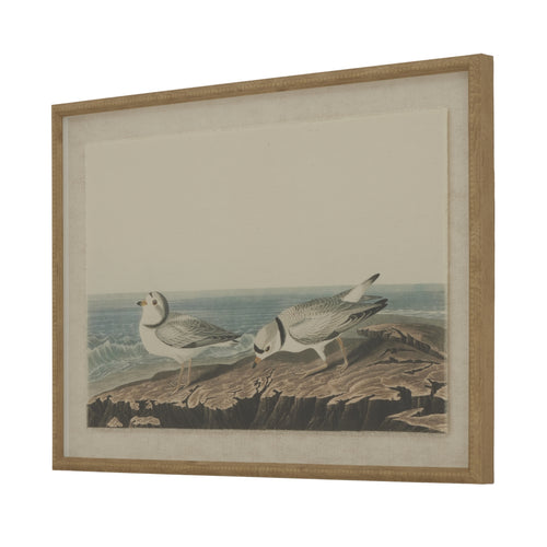 A framed artwork depicting two birds on a naturalistic background, enclosed in a beaded frame.