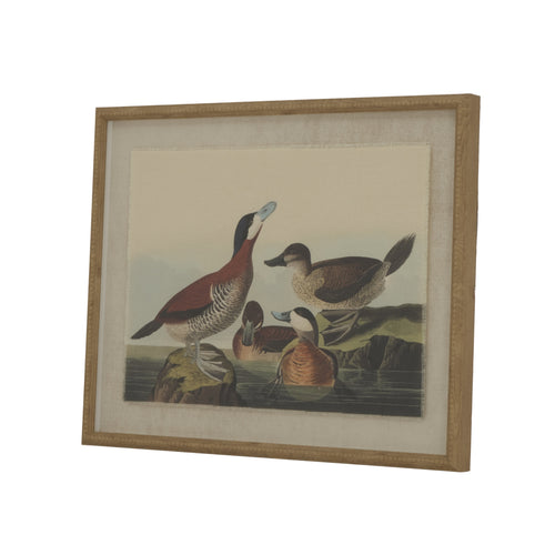 A framed artwork depicting ducks on a linen background with a beaded frame.