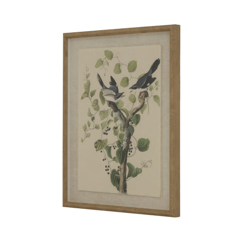 A framed and beaded artwork depicting shrikes perched on a branch with leaves, on a linen background.