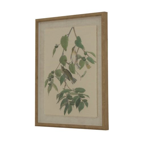 A framed artwork depicting warblers on a branch with leaves, set against a linen background with a beaded frame.